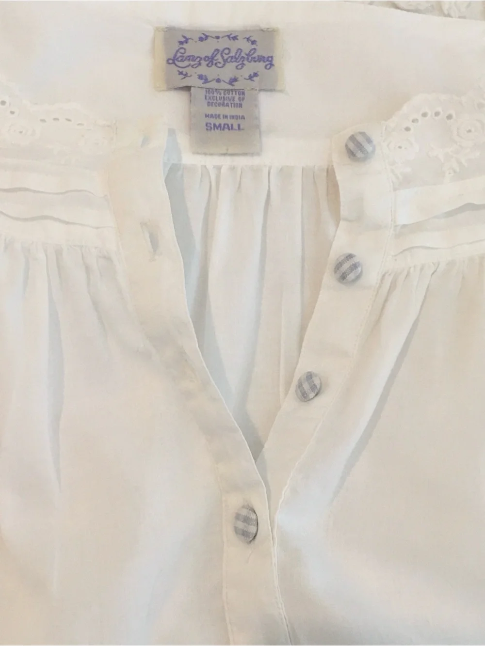 VTG Lanz of Salzburg White 100% Cotton Nightgown Sz S Eyelet Lace Cottagecore